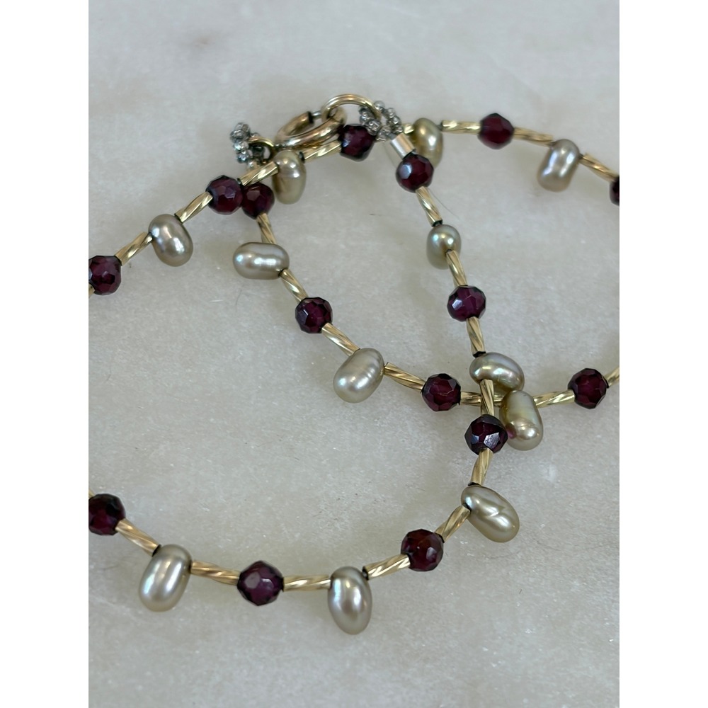 Garnet & Pearl Beaded Anklet 9.5"